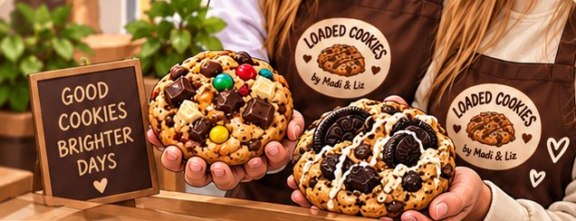 Handen met schorten van Loaded Cookies houden twee grote cookies vast